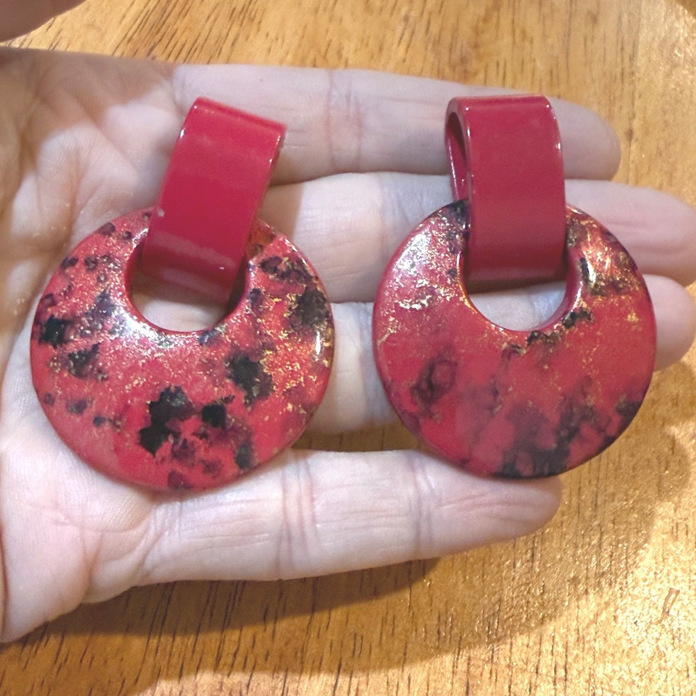 Vintage 80s Style Red Marbled Gold Fleck Resin Door Knocker Post Earrings Large